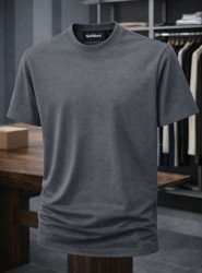 9203-NTWRK Antrasit Kendinden Desenli Kumaş Basic Tshirt