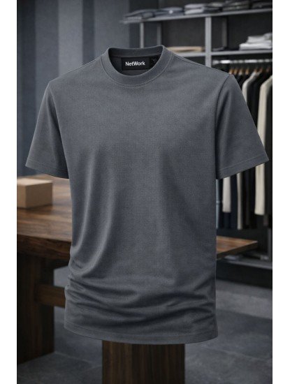 9203-NTWRK Antrasit Kendinden Desenli Kumaş Basic Tshirt