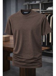 9204-NTWRK Kahverengi Kendinden Desenli Kumaş Basic Tshirt