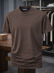 9204-NTWRK Kahverengi Kendinden Desenli Kumaş Basic Tshirt