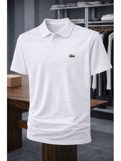 9207-Lcst Beyaz Pike Kumaş Gizli Düğme Polo Yaka Tshirt