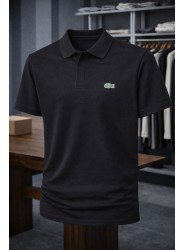 9208-Lcst Siyah Pike Kumaş Gizli Düğme Polo Yaka Tshirt