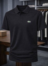9208-Lcst Siyah Pike Kumaş Gizli Düğme Polo Yaka Tshirt