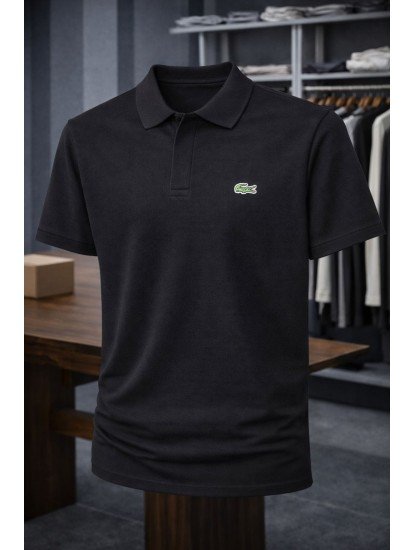 9208-Lcst Siyah Pike Kumaş Gizli Düğme Polo Yaka Tshirt