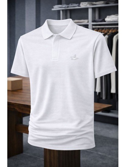 9211-Bymn Beyaz Pike Kumaş Gizli Düğme Polo Yaka Tshirt