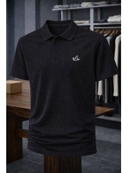 9213-Bymn Siyah Pike Kumaş Gizli Düğme Polo Yaka Tshirt