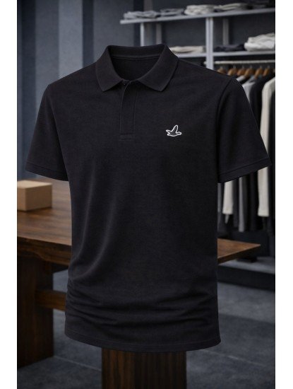 9213-Bymn Siyah Pike Kumaş Gizli Düğme Polo Yaka Tshirt
