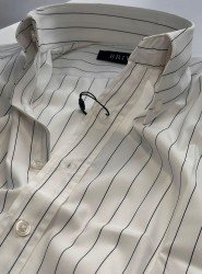 9225-Briva Beyaz Siyah Çizgili Dik Yaka Düğmeli Pamuk Saten Slim Fit Gömlek