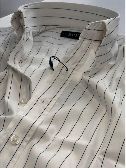 9225-Briva Beyaz Siyah Çizgili Dik Yaka Düğmeli Pamuk Saten Slim Fit Gömlek