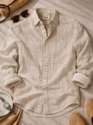 9230-BYMN Bej Tona Ton Müslin Comfort Fit Gömlek
