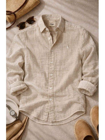 9230-BYMN Bej Tona Ton Müslin Comfort Fit Gömlek