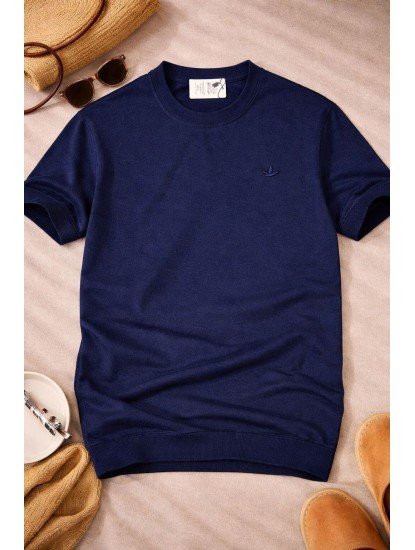 9231-BYMN Lacivert  Rayon Kumaş Bisiklet Yaka Kısa Kollu Triko