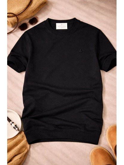 9232-BYMN Siyah Rayon Kumaş Bisiklet Yaka Kısa Kollu Triko