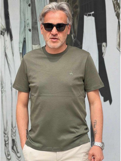 9245-Brook Brothers Haki Pamuklu Kumaş Basic Tshirt