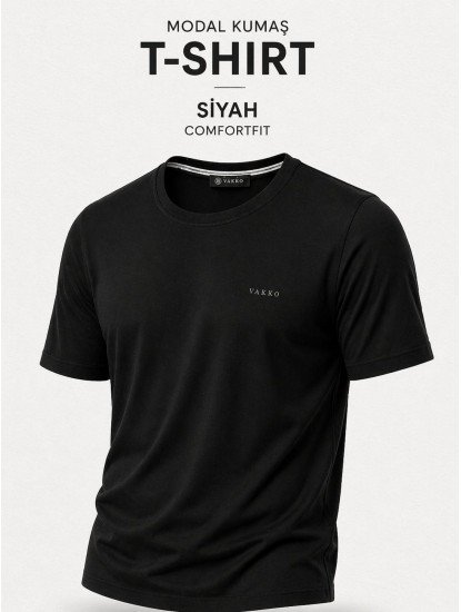 9246-VK Siyah Metal Logo Modal Kumaş Basic Tshirt