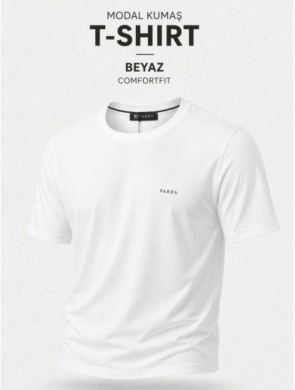 9248-VK Ekru Metal Logo Modal Kumaş Basic Tshirt