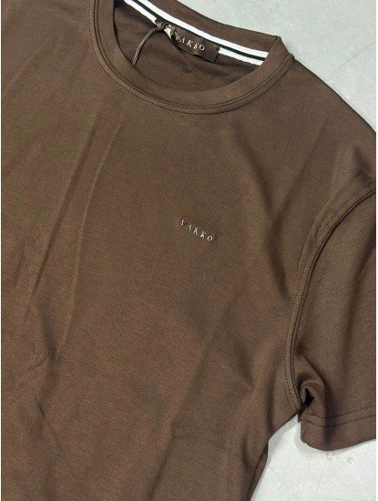 9249-VK Kahve Metal Logo Modal Kumaş Basic Tshirt