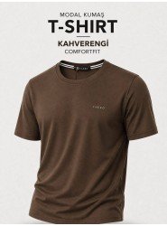 9249-VK Kahve Metal Logo Modal Kumaş Basic Tshirt