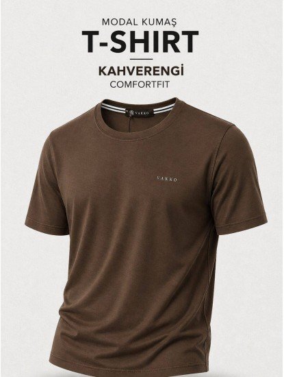 9249-VK Kahve Metal Logo Modal Kumaş Basic Tshirt