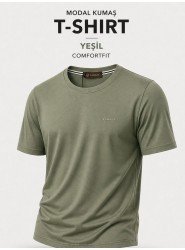 9250-VK Yeşil Metal Logo Modal Kumaş Basic Tshirt