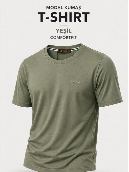 9250-VK Yeşil Metal Logo Modal Kumaş Basic Tshirt