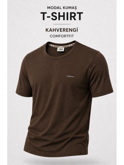 9252-BYMN Kahve Metal Logo Modal Kumaş Basic Tshirt