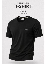 9253-BYMN Siyah Metal Logo Modal Kumaş Basic Tshirt