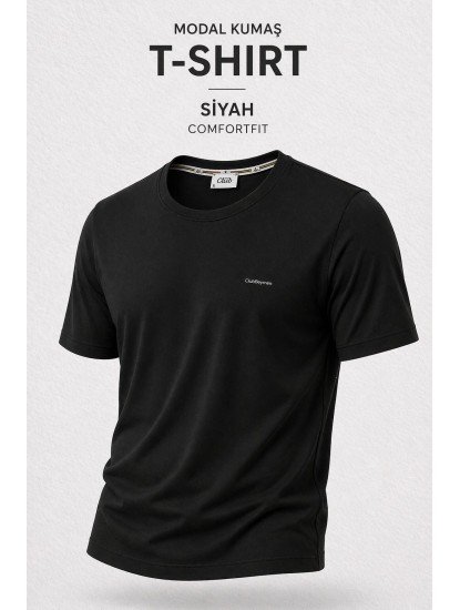 9253-BYMN Siyah Metal Logo Modal Kumaş Basic Tshirt