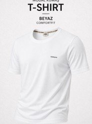 9254-BYMN Ekru Metal Logo Modal Kumaş Basic Tshirt