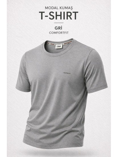 9256-BYMN Gri Metal Logo Modal Kumaş Basic Tshirt