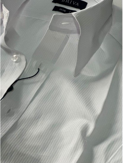 9258-Briva Beyaz Kendinden Çizgili Dik Yaka Gizli Düğme Slim Fit Gömlek