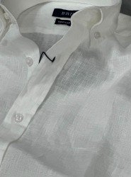 9263-Briva Beyaz Ham Keten Regular Fit Gömlek
