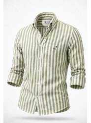 9265-BYMN Yeşil Beyaz Çizgili Comfort Fit Keten Gömlek