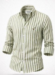 9265-BYMN Yeşil Beyaz Çizgili Comfort Fit Keten Gömlek