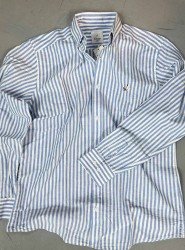 9266-BYMN Mavi Beyaz Çizgili Comfort Fit Keten Gömlek