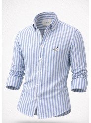 9266-BYMN Mavi Beyaz Çizgili Comfort Fit Keten Gömlek