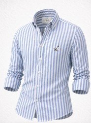 9266-BYMN Mavi Beyaz Çizgili Comfort Fit Keten Gömlek