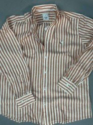 9267-BYMN Tarçın Beyaz Çizgili Comfort Fit Keten Gömlek