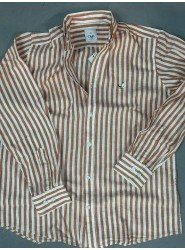 9267-BYMN Tarçın Beyaz Çizgili Comfort Fit Keten Gömlek