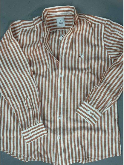 9267-BYMN Tarçın Beyaz Çizgili Comfort Fit Keten Gömlek