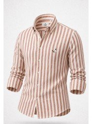 9267-BYMN Tarçın Beyaz Çizgili Comfort Fit Keten Gömlek