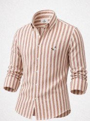 9267-BYMN Tarçın Beyaz Çizgili Comfort Fit Keten Gömlek