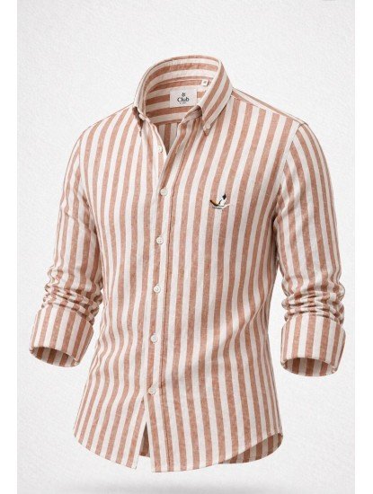 9267-BYMN Tarçın Beyaz Çizgili Comfort Fit Keten Gömlek