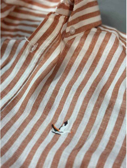 9267-BYMN Tarçın Beyaz Çizgili Comfort Fit Keten Gömlek