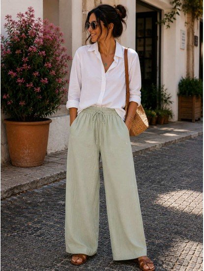9286-BYMN Su Yeşili Müslin Kumaş Kadın Pantolon