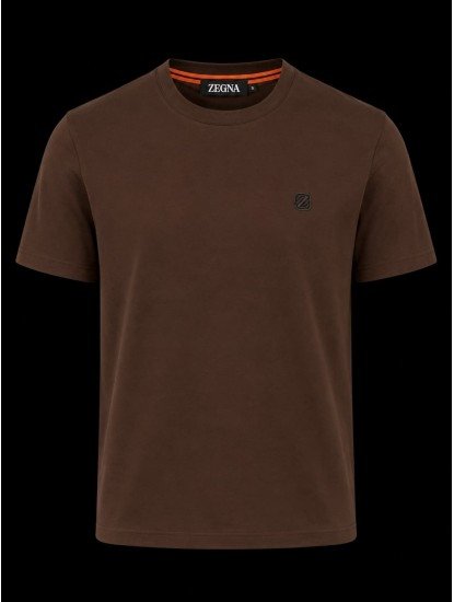 9343-Zegna Kahve  Modal Kumaş Metal Logo  Basıc Tshırt
