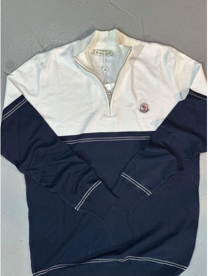 9112-Monchler Lacivert Yarım Fermuarlı Dik Yaka Triko