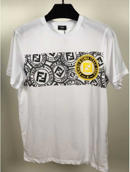 12059-Fendi Beyaz Önü F Sarı Baskılı Sıfır Yaka Tshirt