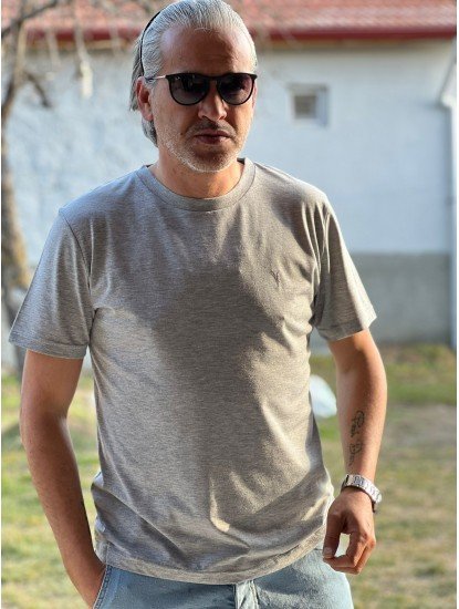 12149- ALSNT Gri Boynuz Nakışlı Sıfır Yaka Tshirt