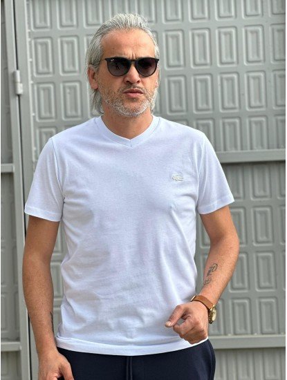 12173-LCST Beyaz V Yaka Slikon Timsah Logo Tshirt